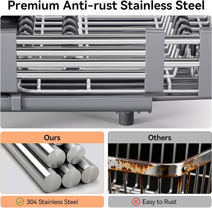 Urackify Stainless Steel Dish Drying Rack - Dish Drainer for Kitchen Counter, Extendable Drainboard with Foldable, Space-Saving Cup & Bowl Organizer, Includes Knife and Utensil Holder, Gray