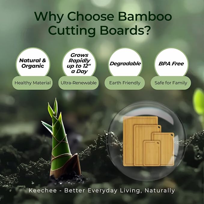 Keechee Natural Bamboo Cutting Board Set of 4, Wood Chopping Block Set | Deep juice grooves, built-in handles, four piece set for meat cutting, veggie prep and serving