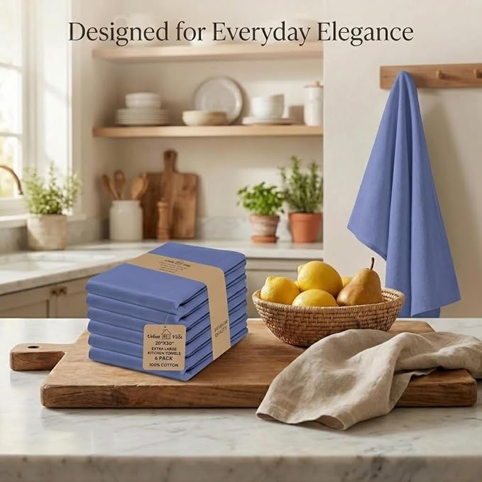 Urban Villa Kitchen Towels Cotton Dish Towels 20”x30” (Set of 6) Blue