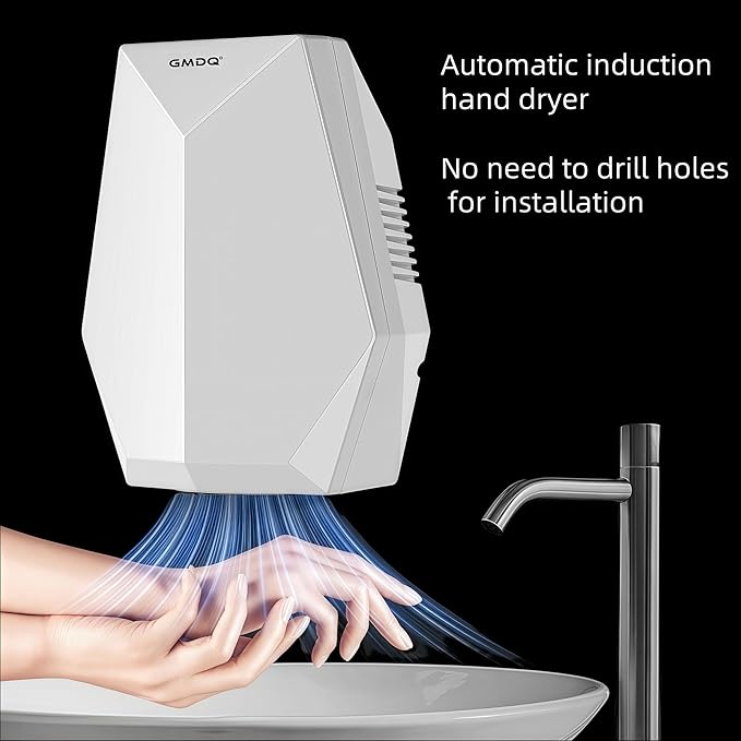 1600W Powerful Hand Dryer, Wall-Mounted Quiet Bathroom Dryer with No-Drill Installation, Compact Automatic Sensor Dryer for Home, Kitchen, Hotel(White)
