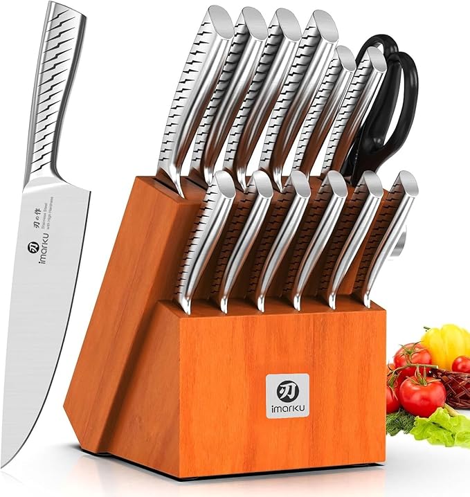 imarku® Knife Set,14-Piece Knife Sets for kitchen with block,Premium One-Piece Kitchen Knife Set with Sharpener,High Carbon Stainless Steel Knives Set for Kitchen,Silver,Dishwasher Safe