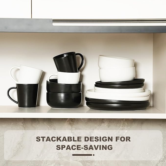 EWFEN Plates and Bowls Sets, 32 Pieces Ceramic Dinnerware Set for 8, Stoneware Dishware Dishes Set, Scratch Resistant Dishes Set, Dishwasher & Microwave Safe, Black