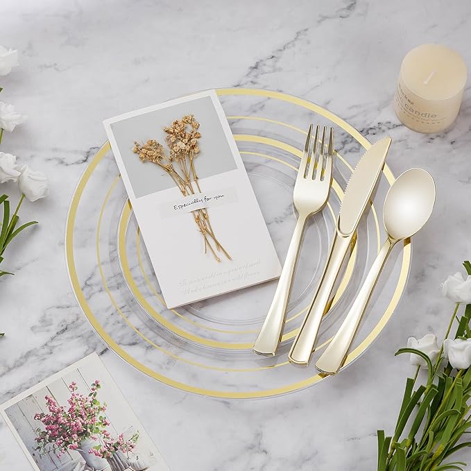 BESTVIP 150PCS Plastic Dinnerware Set (25 Guests), Clear Gold Disposable Plates for Party, Wedding, Christmas, Anniversary, Includes: Dinner Plates, Dessert Plates, Cups, Spoons, Forks and Knives
