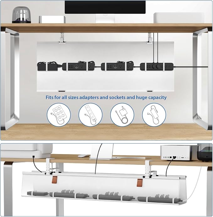 Zilink Large Cable Management Under Desk 40" No Drill Desk Cable Management Clamp/Screw Mount Fabric Cable Tray Sturdy Waterproof Cable Organizer for Office, Home, White