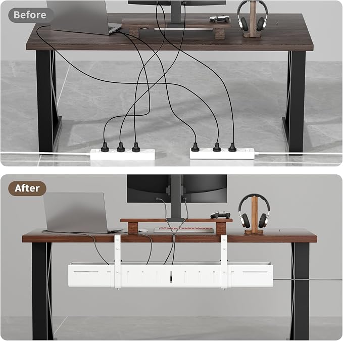 Under Desk Cable Management, Expandable 25.2"–38.6" Cable Management Under Desk No Drill, Heavy Duty Carbon Steel with Clamp, Hidden Cord Organizer for Desk, Home Office Standing Desk White