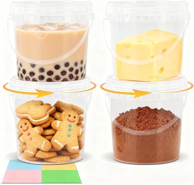 4Pack 34oz Clear Bucket with Lids - Plastic Food Storage Containers, Airtight Screw-On Lids - Freezer Safe Ice Cream Bucekts, Food Grade Reusable Containers for Kitchen