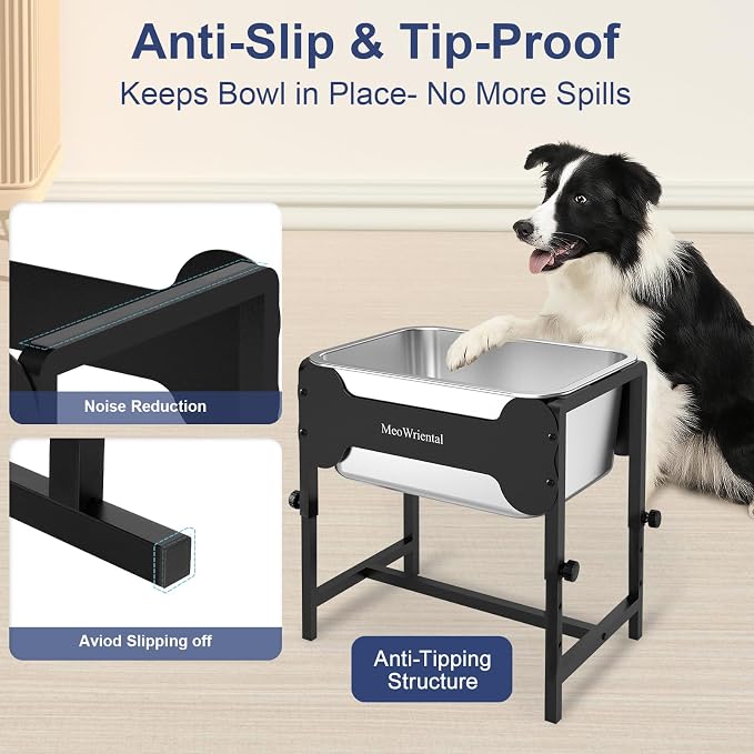 2.5 Gallon Adjustable Elevated Dog Water Bowl, Raised Stainless Steel Large Dog Bowl with 4 Height(11-17")， Full Metal Feeding Station for Relief Joint Pressure, Easy to Clean, Indoor & Outdoor