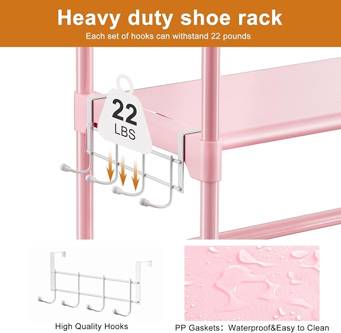 WOWLIVE 9 Tiers Large Shoe Rack White Shoe Rack Organizer for Closet 50-55 Pairs Stackable Heavy Duty Shoe Shelf Shoe Storage with Metal Pipes Plastic Pink
