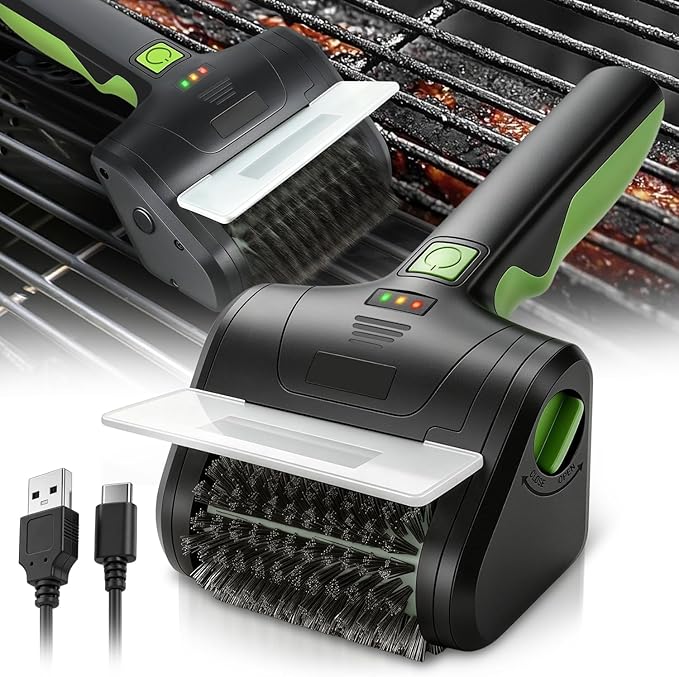 Auto Dynasty Cordless Electric Grill Brush, 304 Stainless Steel BBQ Brush with Rotating Scrub Head, Rechargeable, Type-C Fast Charging for Gas/Charcoal/Outdoor Grill, Green/Black