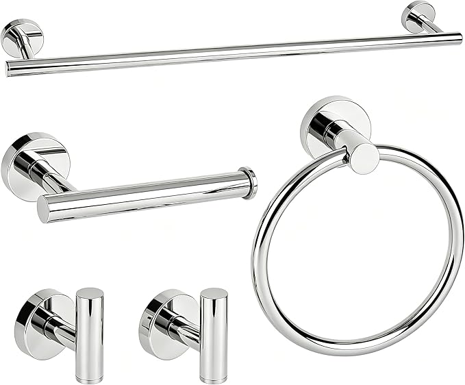 Polished Chrome Bathroom Hardware Accessories Set 5 Piece, Stainless Steel Bath Towel Bar Set 24 Inch,Toilet Paper Holder,Towel Ring Holder,Towel Rack Set,Gold Bathroom Accessories Kit Silver