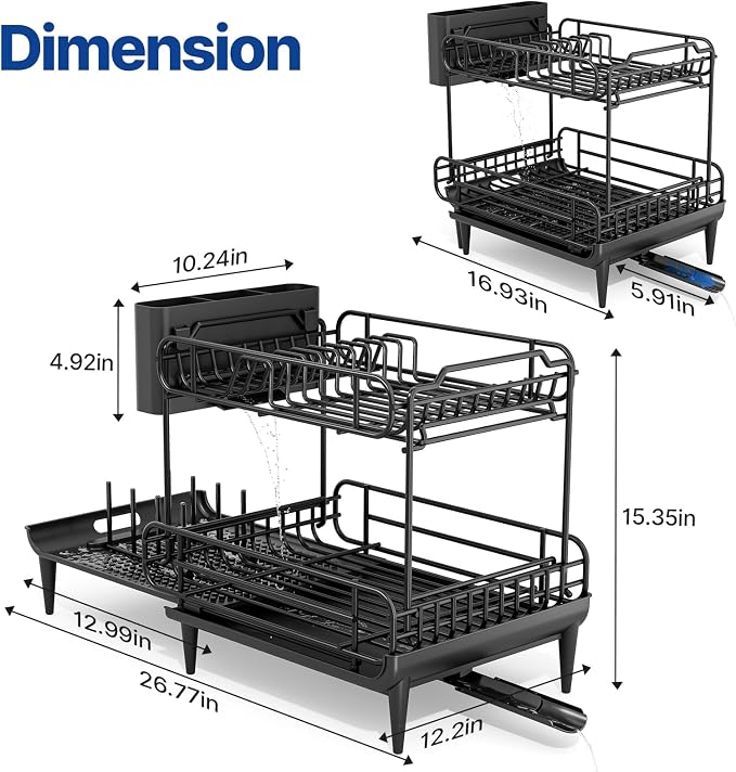 Urackify Dish Drying Rack for Kitchen Counter, Expandable 2 Tier Dish Rack, Large Capacity Dish Drainer with Drainboard Multifunctional Dish Strainer with Removable Cutlery Holder Black | 2 Tier. Expands from 16.9 to 26.6 inches to fit more dishes, wit...