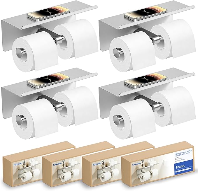 4 Pack Double Toilet Paper Holder with Shelf, Wall Mount Tissue Roll Holder for Bathroom, Heavy Duty 304 Stainless Steel Commercial Toilet Paper Dispenser with Phone Shelf - Brushed Nickel