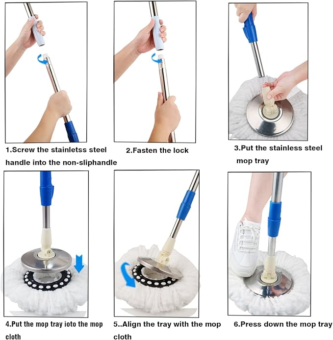 Spin Mop and Bucket with Wringer Set, 6 Mop Refills, 61" Handle (2 Sets) | 360° Spinning Mop System with Stainless Steel Extended Handle & 6 Microfiber Refills for Floor Cleaning