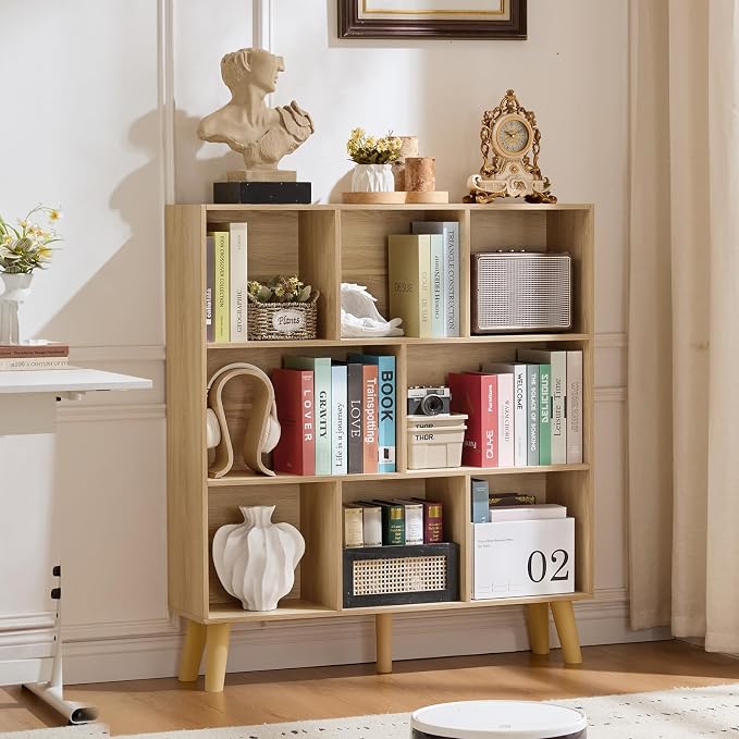 LEYAOYAO 8 Cube Bookshelf,Mid-Century Modern Bookcase with Legs,Light Wood | 3 Tier Book Shelf,Rustic Wood Bookshelves Freestanding Large Storage Organizer, Open Shelves for Bedroom, Living Room, Office