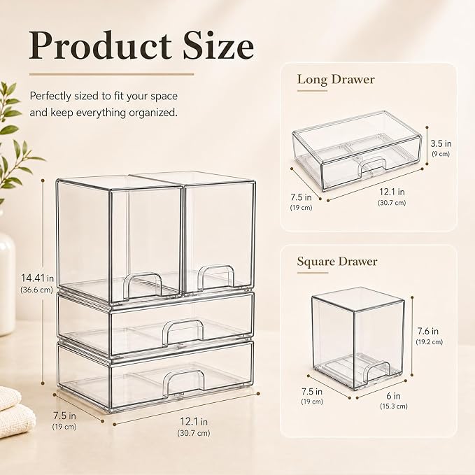 Clear Stackable Storage Drawers: Baby Bottle Storage Organizer, Acrylic Bottles Station Organizer Container for Countertop, Vanity, Bathroom, Cabinet Organization - 4 Pack