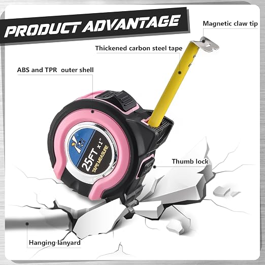 Youyole 10 Pack Tape Measure with Fractions 1/8 Steel Measuring Tape Retractable Easy Read Measurement Ruler Steel Power Blade (25 ft X 1 in,Pink)