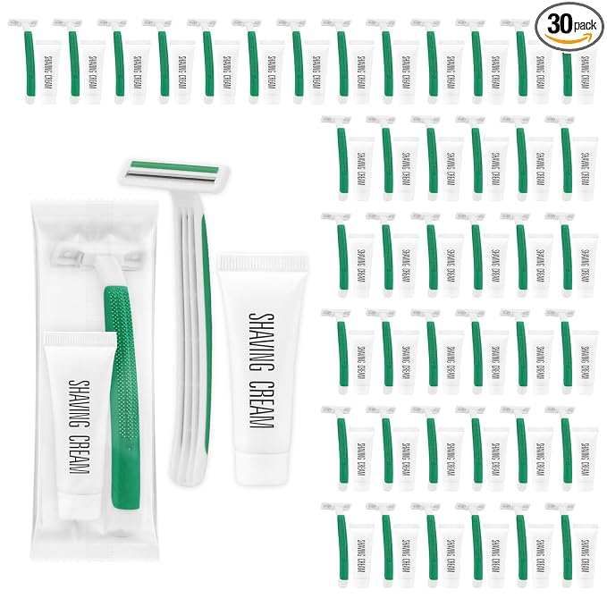 Disposable Razors in Bulk ,Green Razors Individually Wrapped Bulk,Twin Blade Razors with Clear Safety Cap and Shaving Cream, Razors For Homeless, Hotel,Air Bnb,Shelter/Homeless/Travel (30)