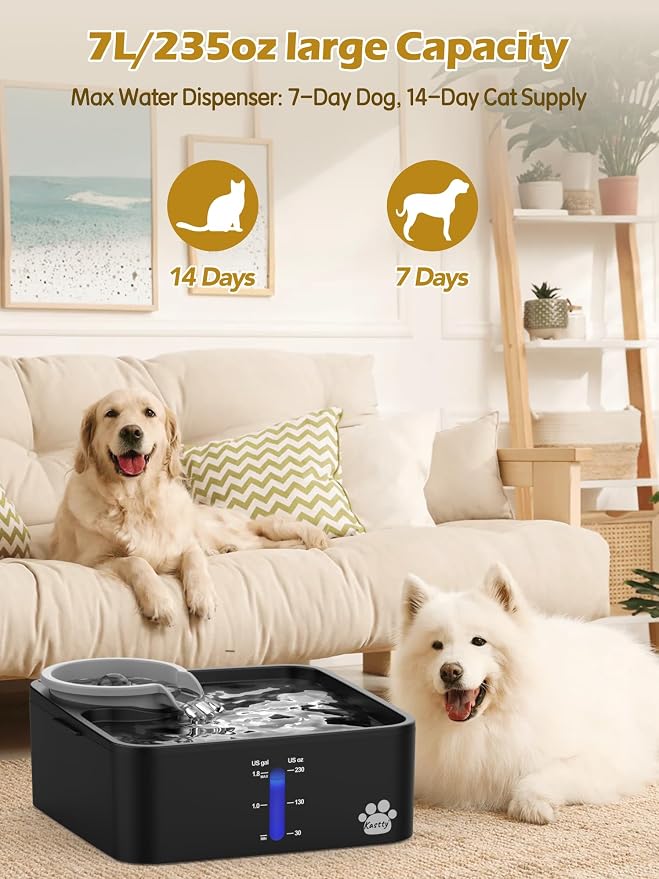 Kastty 2 Gallon Dog Water Fountain Ultra Large/Wide Pet Fountain BPA-Free Premium Dog Water Bowl Dispenser with 5 Filtration Safe Pump& LED Shortage Reminder, Large Dogs Cats& Multi-Pet Home FS55