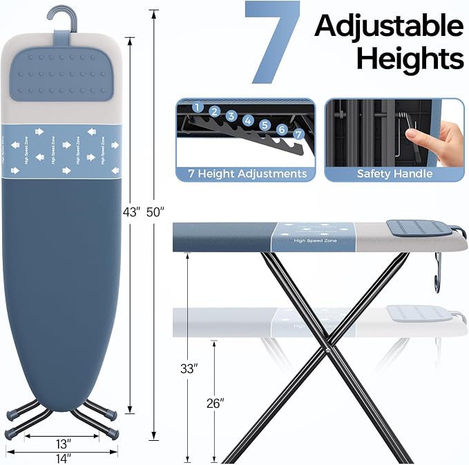 Foldable Ironing Board Standard Size, Iron Board Table Stand Foldable, Space-Saving Iron and Ironing Boards Set, Folding Ironing Boards Full Size with High Speed Zone & Silicone Rest 13x43 Cowboy Blue
