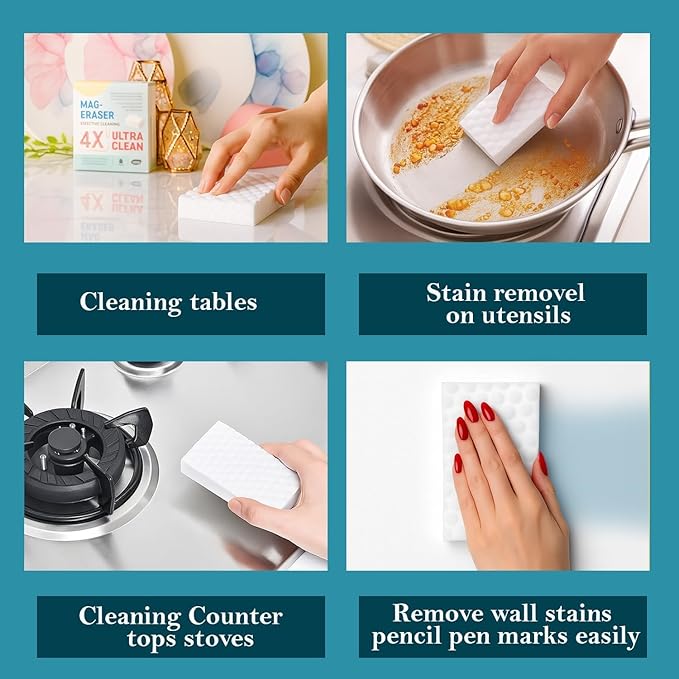 Magic Eraser Cleaning Sponge | Pack of 4 | Chemical-Free, Multi-Purpose Wipe for Effortless Cleaning of Kitchen, Bathroom, Walls, Shoes & More – Tough on Stains, Gentle on Surfaces (ASR)