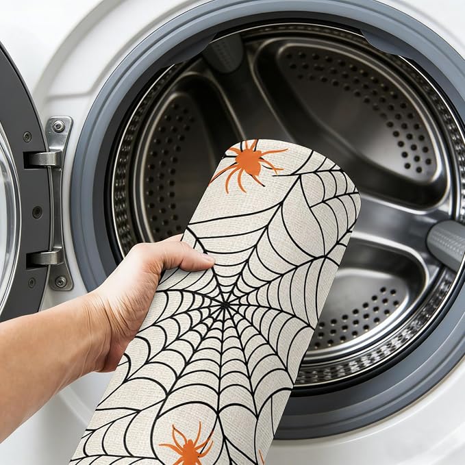 Round Area Rug 5', Halloween Washable Area Rugs for Living Room Kitchen Bedroom Nursery Dining Room, Black Net Classic Spiders Gingham Orange Rustic Non Slip Door Mat Indoor Floor Throw Circle Carpet