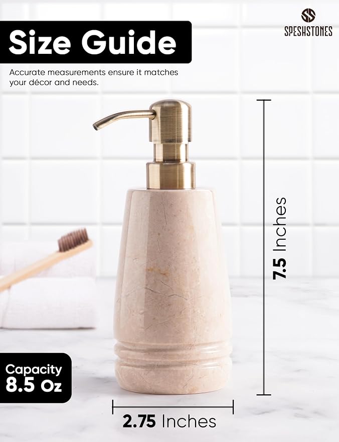 Marble Soap Dispenser 7.5'' Beige Dish Soap Dispenser with Stainless Steel Pump, Refillable Liquid Hand Soap Dispenser with 8.5 Oz Capacity for Kitchen Sink and Bathroom Countertop