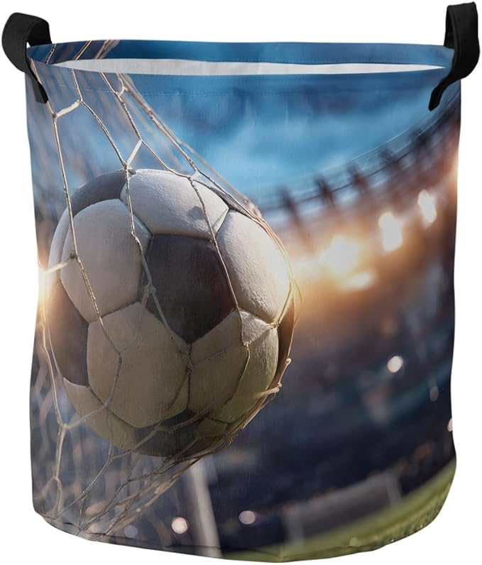 Collapsible Laundry Basket 42L, Football Sports Storage Bin Laundry Hamper with Handles, Football Field Goal Net Soccer Waterproof Clothes Baskets for Bathroom/Bedroom 13.8 x 17 In