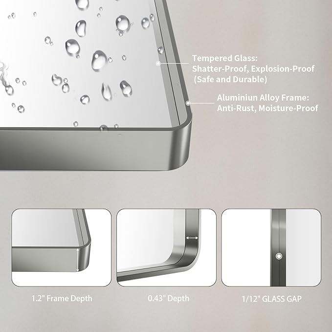 LOAAO 30X36 Inch Brushed Nickel Bathroom Mirror, Rounded Rectangle Silver Metal Frame Mirror, Brushed Nickel, Anti-Rust, Shatter Proof, Hangs Horizontally or Vertically