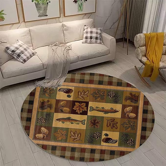 Village Rustic Lodge Cabin Bear Round Rugs 4ft for Dining Room Non-Slip Multicolor Fish Botanical Plaid Pattern Carpet Mats Dorm Decor
