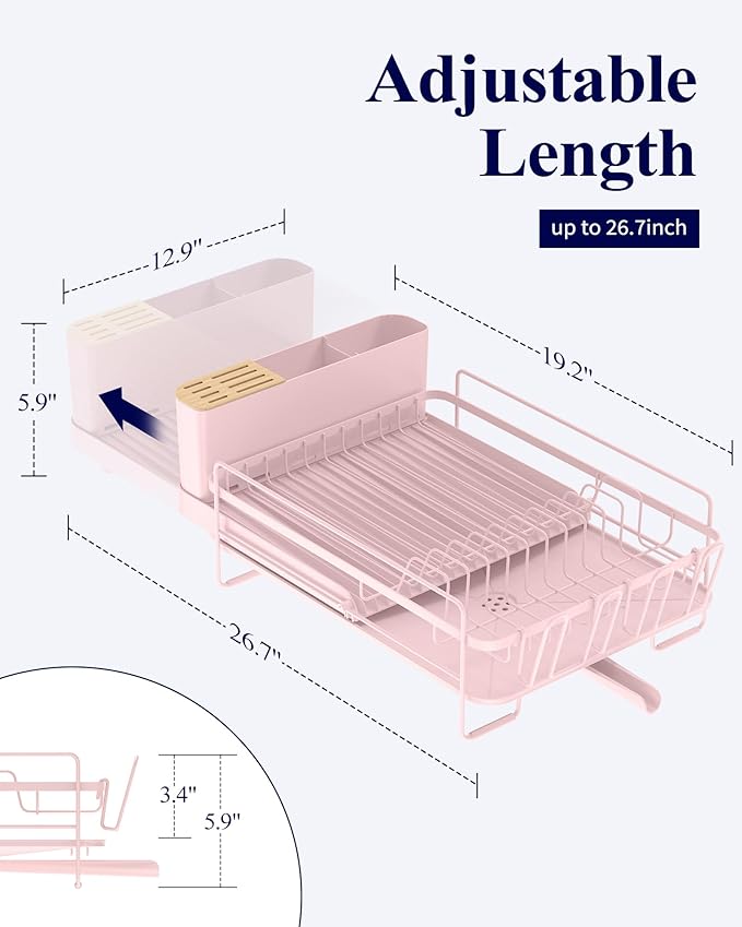 Kitsure Large Dish Drying Rack - Extendable Dish Rack, Multifunctional Dish Rack for Kitchen Counter, Anti-Rust Dish Drainers with Cutlery & Cup Holders 19.2"-26.7" L x 12.9" W, Pink