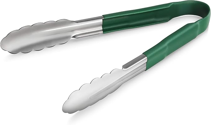 New Star Foodservice 9 Inch Utility Spring Tongs, Set of 12, Commercial Restaurant Grade Stainless Steel Tongs with Green Vinyl Coated Handles