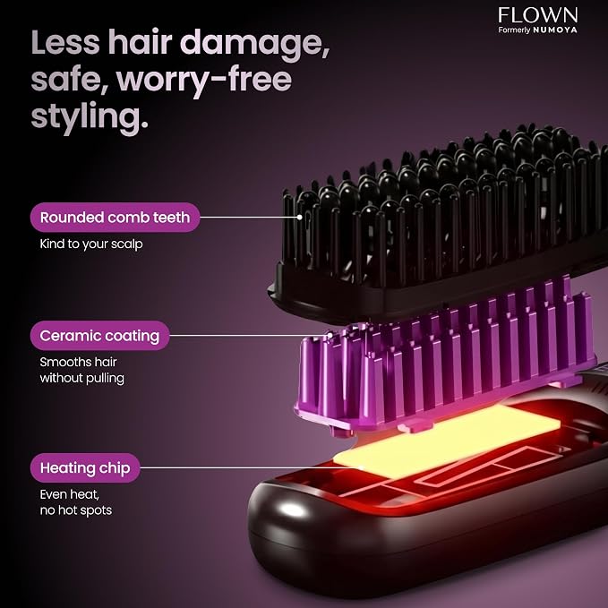 FLOWN® Original Go Brush PRO [Five Minutes Hair Styling Routine] - No Damage Heat Brush with USB-C Charger - Electric Travel Pocket Brush for All Hair Types - Black (Formerly Numoya)