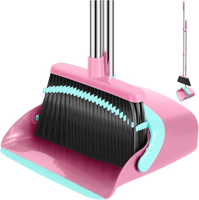 Broom and Dustpan Set, 52-in Long Adjustable Handle Broom Dustpan Combo with Dust pan Teeth to Automatically Clean Hair Suitable for Home Kitchen Office Hall Floor（Pink&Blue）