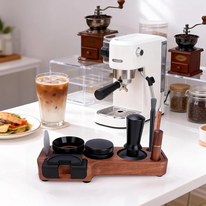 9-in-1 Espresso Tool Set: 58mm Tamper, WDT Tool, Distributor, Magnetic Funnel, Puck Screen, Brush, Cleaning Cloth, Latte Art Needle & Wooden Stand for Breville De'Longhi