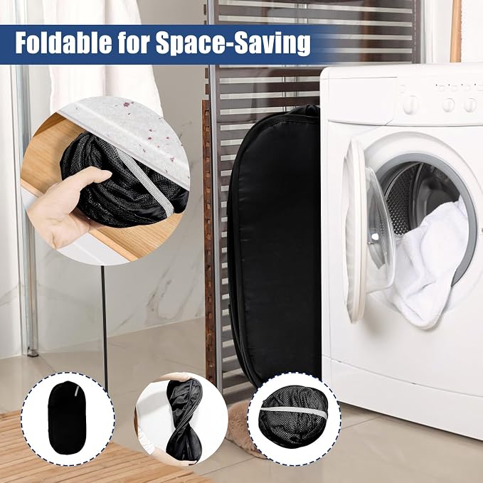 2 Pack Collapsible Laundry Baskets, Upgrade Pop Up Laundry Hamper with Convenient Bags, Foldable Laundry Basket Mesh Light Weight, Easy to Carry Clothes Hampers for Laundry, Dorm, Toys, Travel Black
