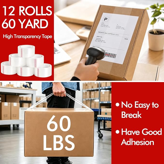2 Pack Heavy Duty Packing Tape Dispenser Gun with 12 Pack Clear Packaging Tapes, 2 Inch Packaging Tape with Dispenser for Carton Sealing, Moving Boxes, Shipping (Red)
