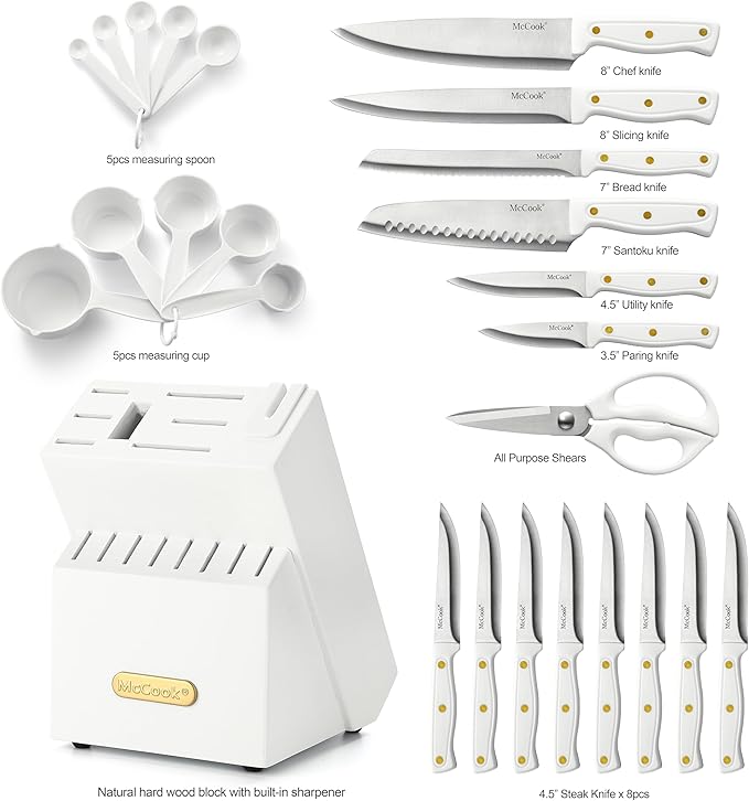 McCook Knife Set White Kitchen Knife Block Set w Built-in Sharpener | German Forged Stainless Steel,26 PC,Razor Sharp,Anti-Rust,Restaurant Grade,Ergonomic Handles,Full Tang,Gift Box