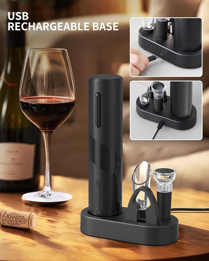 CIRCLE JOY Electric Wine Bottle Opener Set Rechargeable Wine Corkscrew Cordless Wine Opener Gift Set with Charging Base, Foil Cutter, Wine Aerator Pourer and Vacuum Wine Stopper, Black