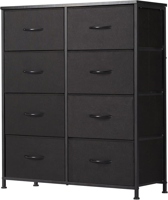 Sweetcrispy 8 Drawer Black Dresser for Bedroom Tall, Organizer Storage | Fabric Storage Tower, Chest of Drawers with Steel Frame, Wood Top for Living Room, Closet