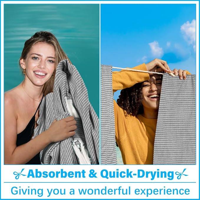 Vikumond Turkish Beach Towel Blanket Oversized 88x82 Inch Quick Dry Black | Lightweight Compact Portable Sand Free Absorbent Boho Woven Throw for Pool Swimming Picnic Camping Cruise Outdoor Essentials