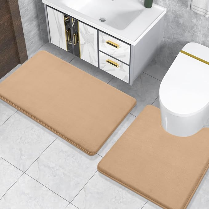 Smiry Memory Foam Toilet Rugs U-Shaped 24x20, Extra Soft Absorbent Non-Slip Contour Bathroom Rugs, Machine Washable Bath Mats for Toilet, Camel