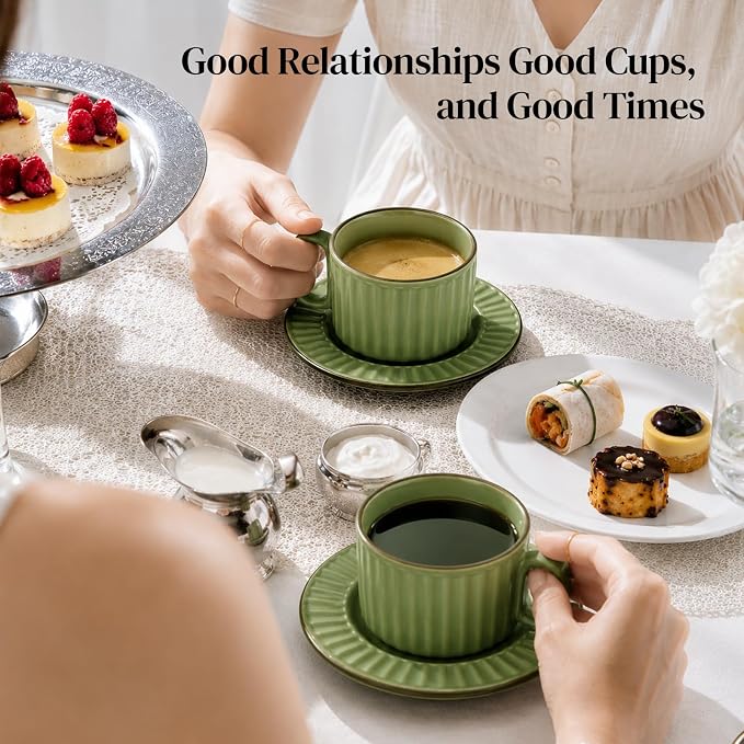 DOWAN Cappuccino Cup Set of 4, 8 OZ Ceramic Coffee Cups with Saucers, Coffee Mugs, Ribbed Espresso & Latte Cups Set, Elegant Stoneware for Home & Café Use