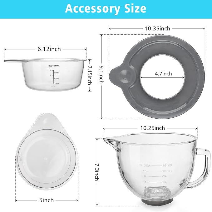 Glass Mixing Bowl 5 QT for KitchenAid 4.5 and 5 Quart Tilt-Head Stand Mixers, Measuring cups with scales, Fits Artisan KSM150, RRK150, KSM100, K45SS, KSM90, KSM95, K45, KSM110, 5KSM125