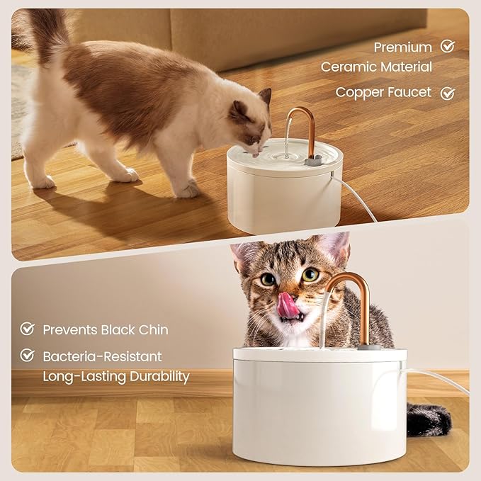 MISFANS Ceramic Cat Water Fountain, All-Ceramic Body, Pure Copper Spout | 2.1L/71oz Capacity, Under 20dB Pump, Dual Filtration, Faucet and Fountain Modes, Easy-Clean Unit, 3 Filters and Sponge, White