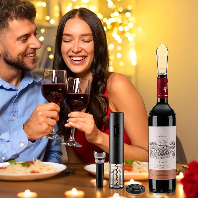 Rechargeable Electric Wine Opener Set, Automatic Corkscrew Set, Including Long Stem Wine Glasses of 2, Clear Glass Wine Goblet, Ideal Gift for Wedding, Wine Lover, Birthday, Girl, Men