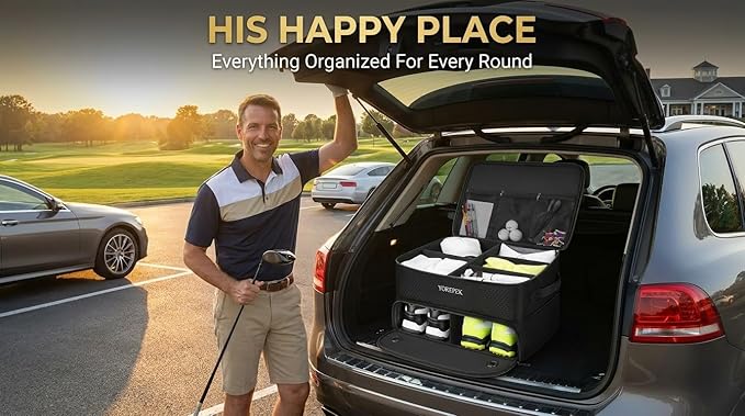 YOREPEK 2 Layer Golf Trunk Organizer, Golf Gifts for Men with Separate Ventilated Compartment for 2 Pair Shoes, Waterproof Car Trunk Locker for Balls, Tees, Clothes, Gloves, Gifts for Golfers