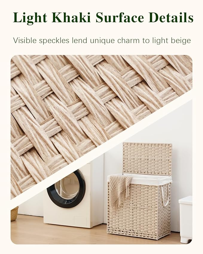 SETVSON Laundry Hamper with Lid PE Rattan Laundry Basket, Light Khaki | Decorative Furniture Look for Bathroom & Bedroom, 2-Section Large Wicker Hamper, 2 Cloth Bags, 6 Mesh Bags Included