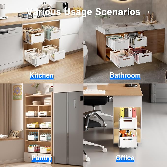 Mustorn 2 Pack Pull Out Cabinet Organizer, Slide Out Drawers for Cabinets, Peel and Stick, Heavy Duty Shelves for Kitchen, Cupboard, Pantry, Bathroom (14.76" D*9.65" W*7.87" H-White)