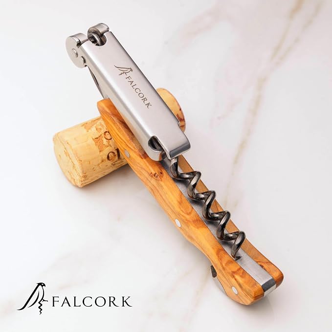 Corkscrew for Professionals FALCORK® 144 Efficiency – Exclusive One-Step Wine Key & Bottle Opener for Intensive Use in Hospitality with an Optimally Marked Helix & Smooth Natural Olive Wood Handle