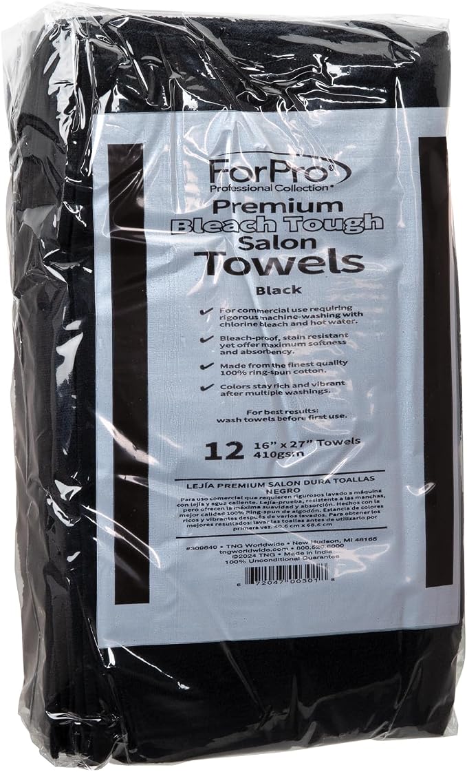 ForPro 12ct Bleach Tough Salon Towels, 16Wx27L in, Black, 100% Cotton | for Salon, Spa & Gym Use, Hand Towels, Bleach-Safe Salon Towels, Absorbent Spa Towels, Barber Towels, Salon & Spa Essentials